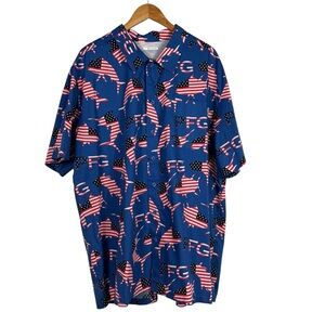 Columbia PFG Fishing Shirt American Flag Shark Patriotic Button Up Vented Sz XXL